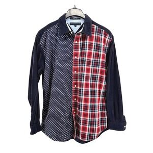 Vtg. 90s Tommy Hilfiger Mens Large Shirt Navy Stars Plaid Corduroy Patriotic 4th